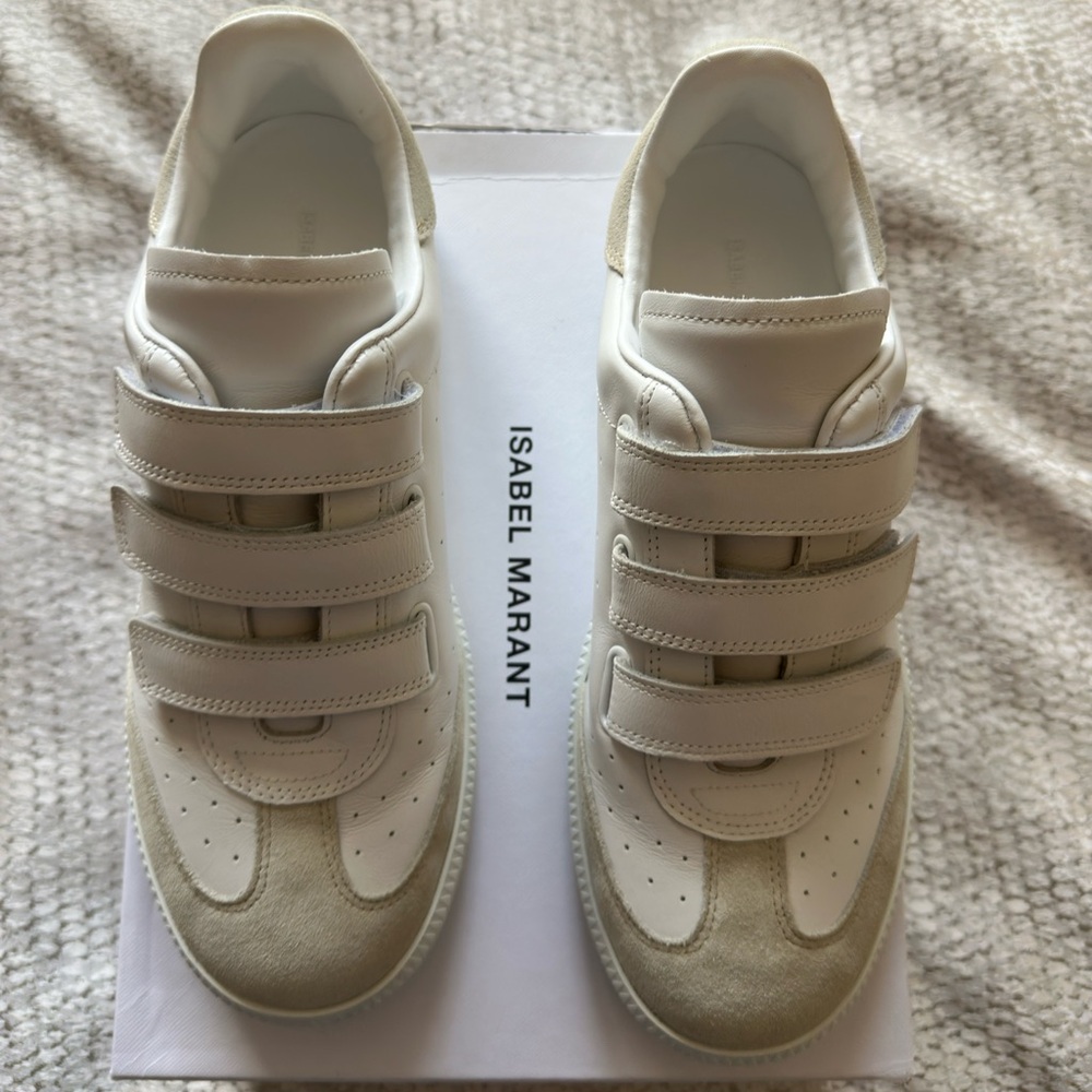 Isabel Marant Beth Cream and White Velcro Sneakers.